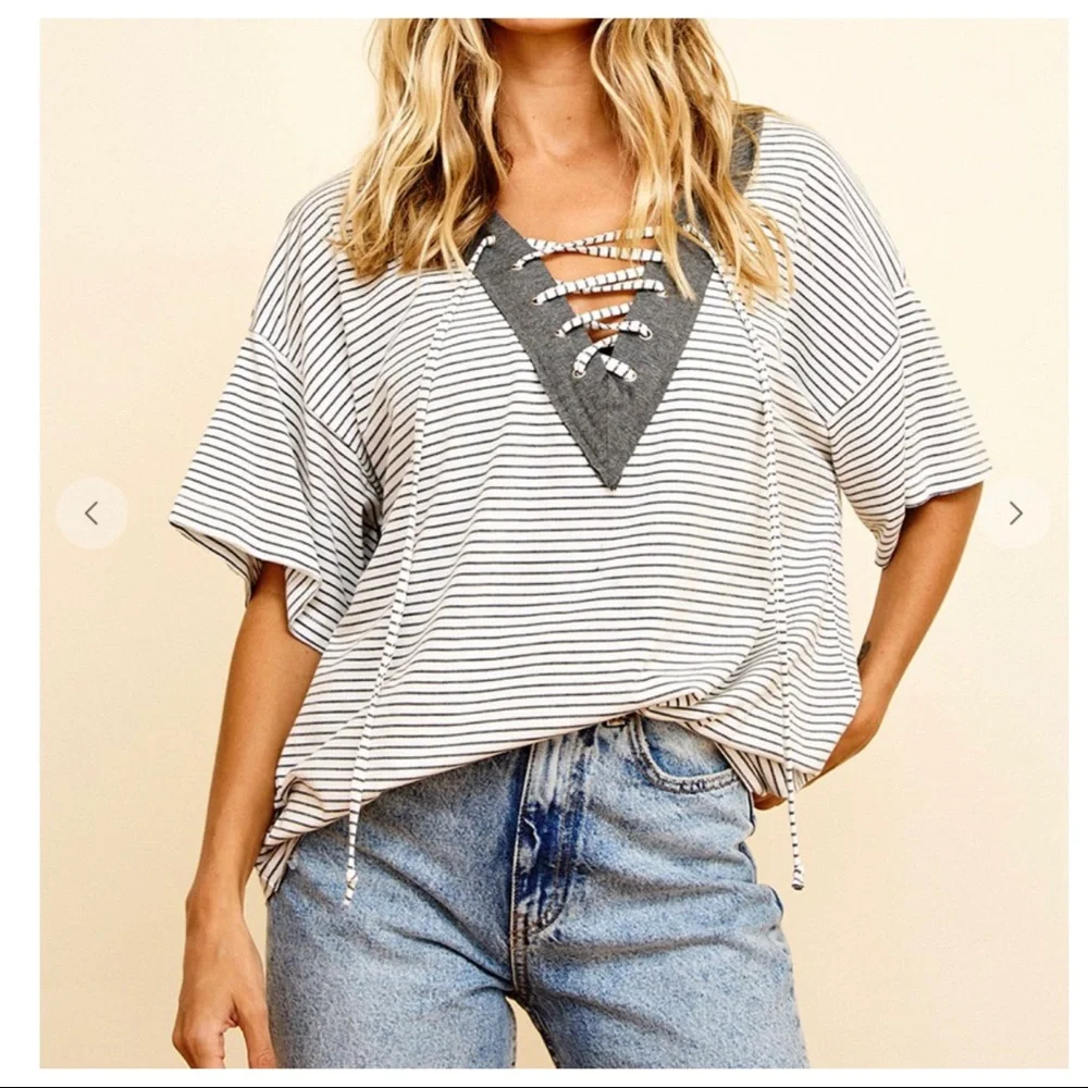 #15 Jamie Lace Up Unique Striped Top - Picture 2 of 6
